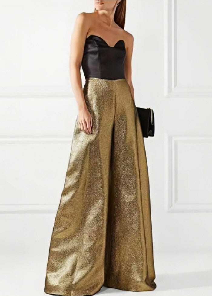Gold Cold Shoulder Patchwork Wide Leg Jumpsuit Summer