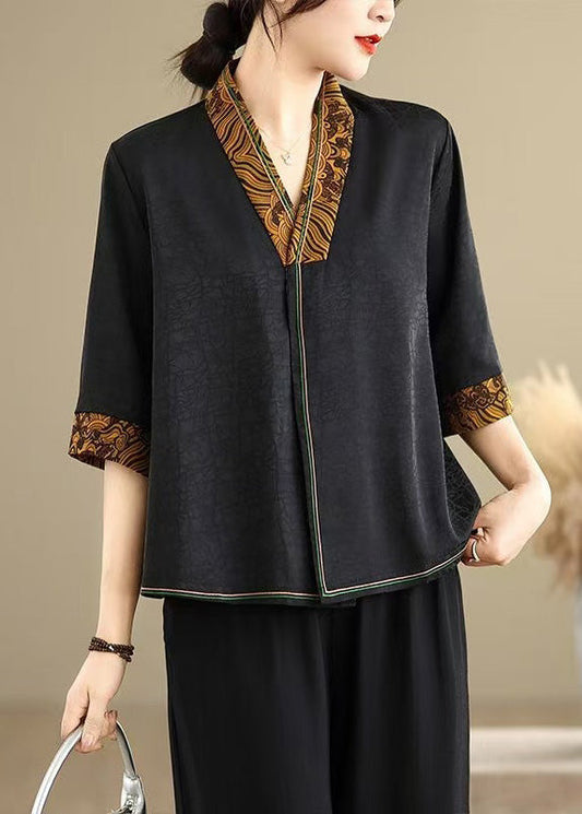 Boutique Black V Neck Patchwork Silk Shirts Half Sleeve