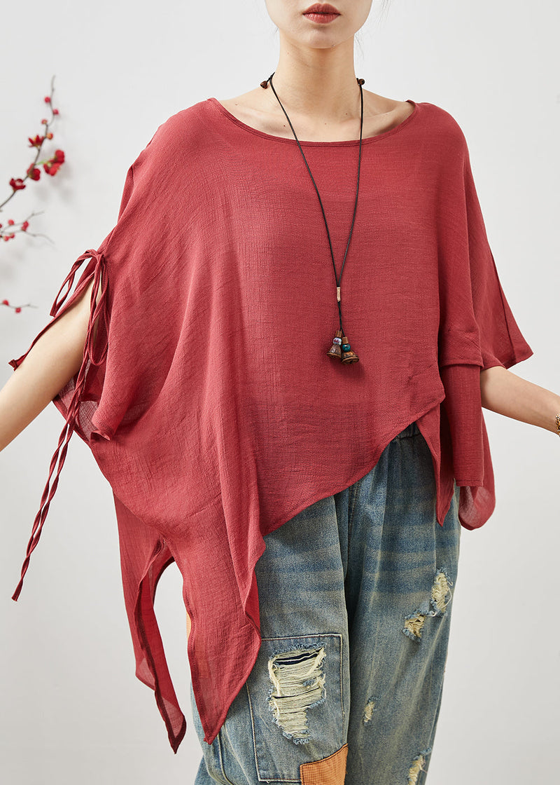 Red Asymmetrical Design Cotton Loose Tops Summer