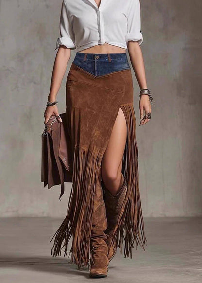 Chocolate Tassel Patchwork Faux Suede Skirt Spring