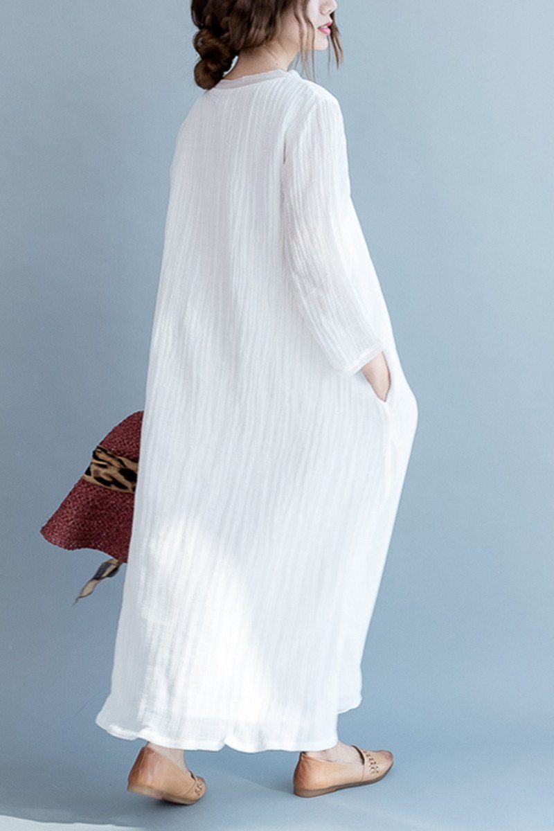 White Silk Linen Long Summer Dresses V-neck Clothing