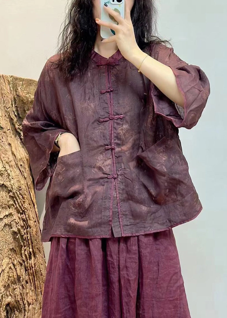 Purple Button Pockets Linen Shirt Spring