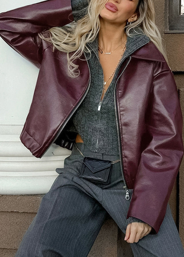 Mulberry Peter Pan Collar Zip Up Faux Leather Coats Fall
