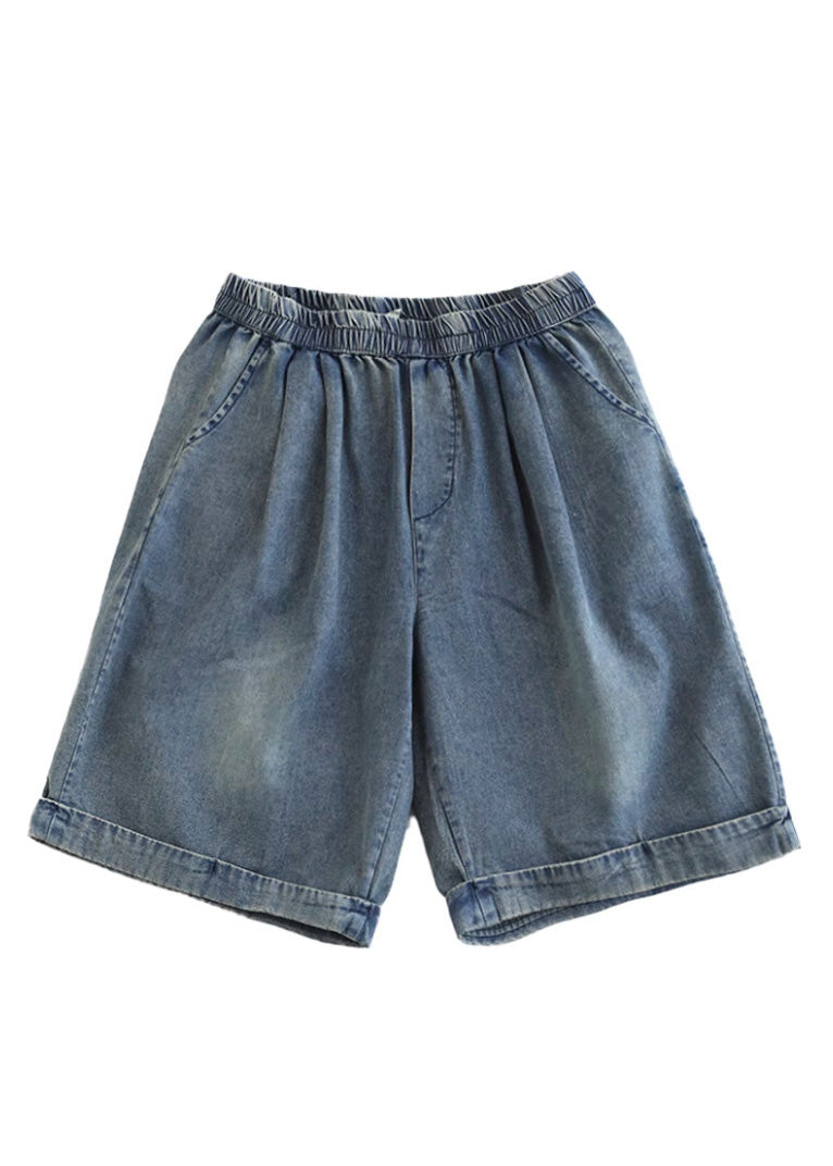 Light Blue Pockets Patchwork Cotton Denim Shorts