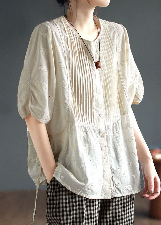 Unique Apricot Hollow Out Embroidered Wrinkled Patchwork Cotton Top Summer