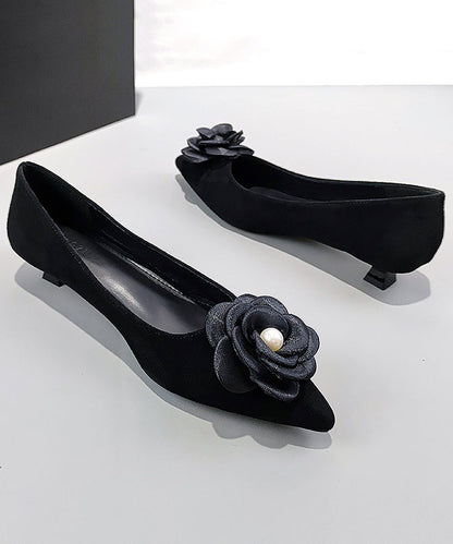 Black Suede Splicing Kitten Shoes Pointed Toe