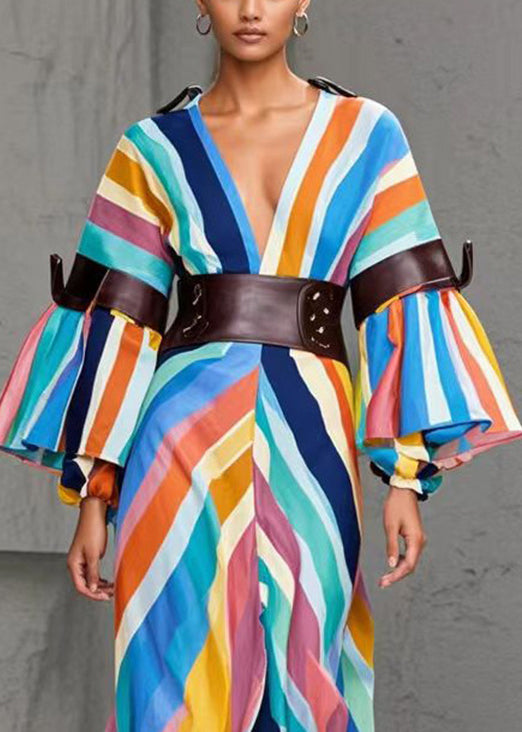 Rainbow Striped Side Open Cotton Cinched Dresses Fall