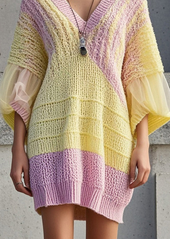 Yellow Oversized Patchwork Tulle Sweater Dress Fall