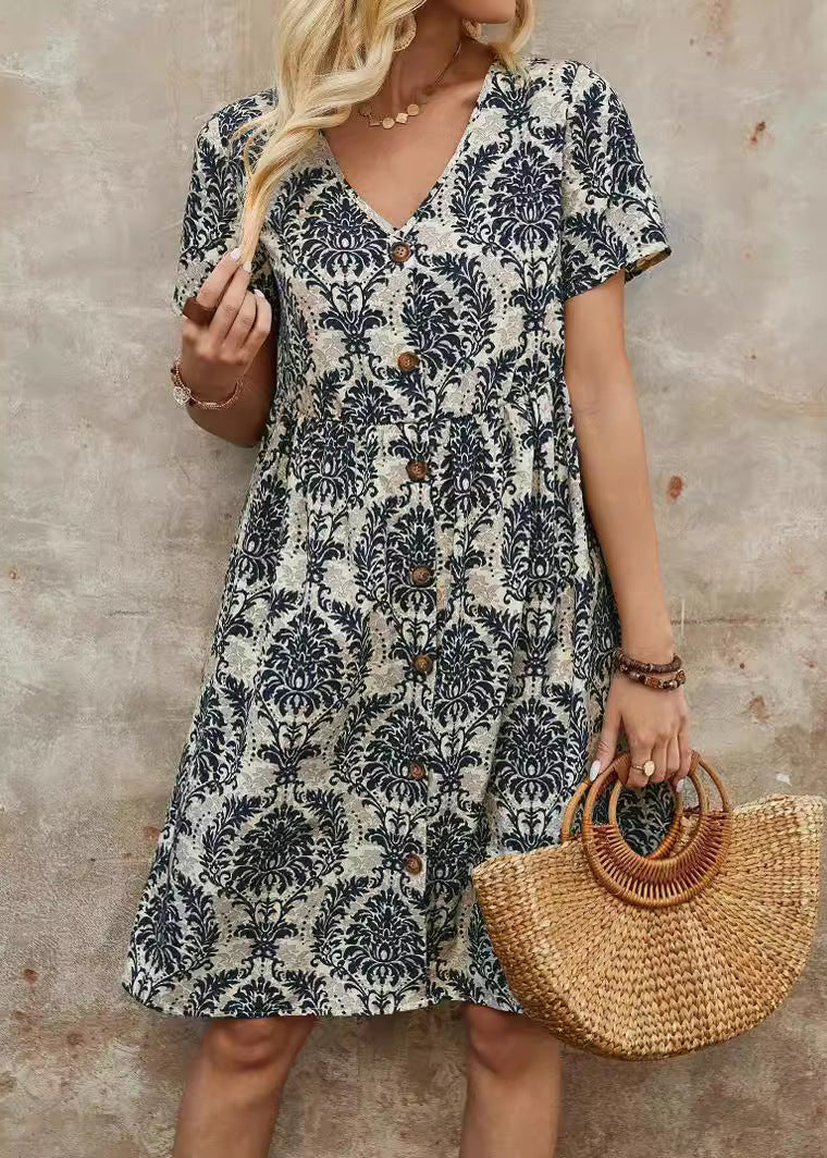 Stylish Green V Neck Print Button Cotton Mid Dresses Summer
