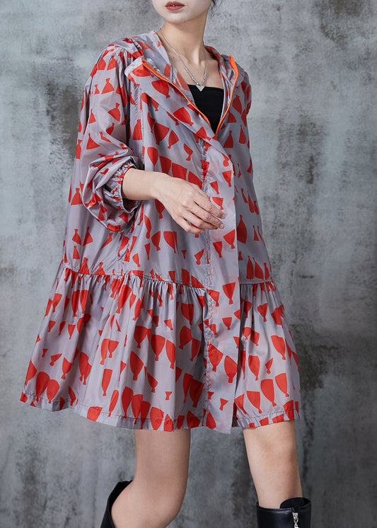 Red Hooded Print Spandex Coats Fall
