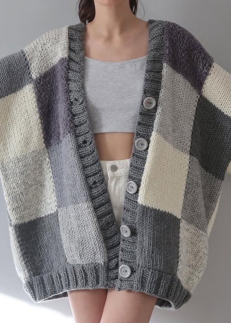 Yellow V Neck Plaid Button Knit Cardigans Fall