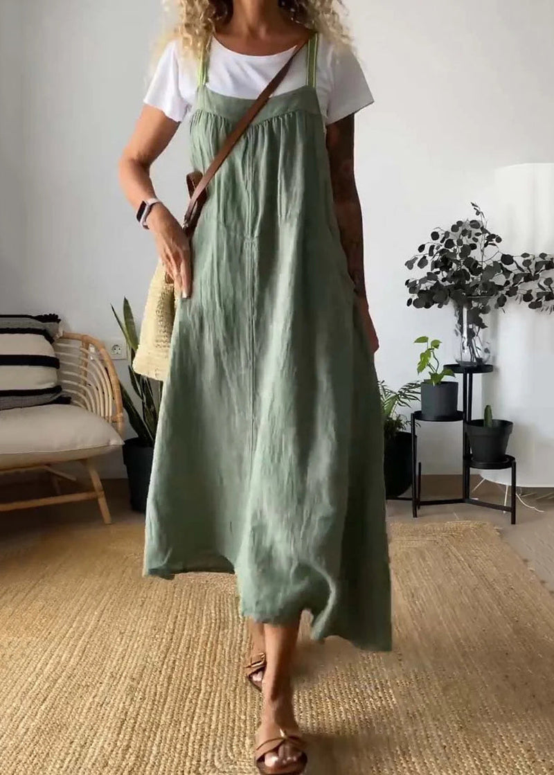 Loose Green Backless Cotton Spaghetti Strap Dress Summer