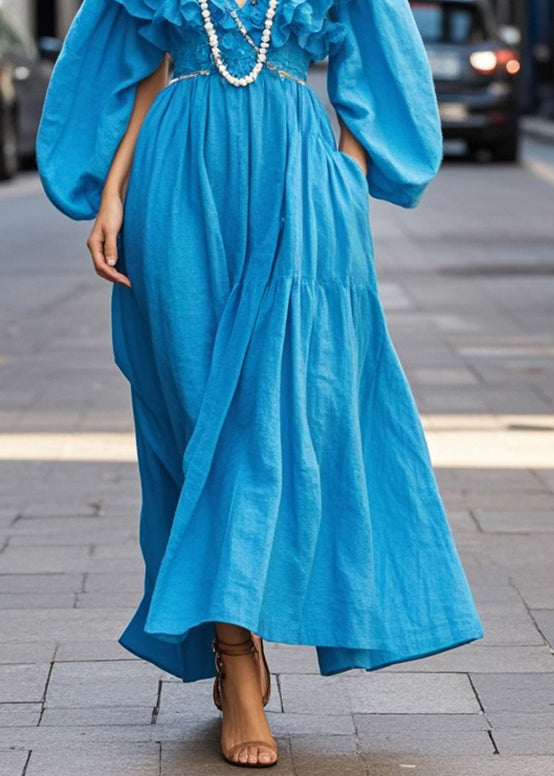 Royal Blue Ruffled Cotton Robe Dresses Fall