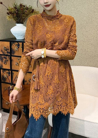 Orange Tie Waist Lace Mini Dresses Hollow Out