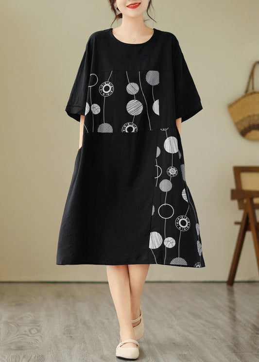 Loose Black O-neck Print Holiday Long Dress Short Sleeve