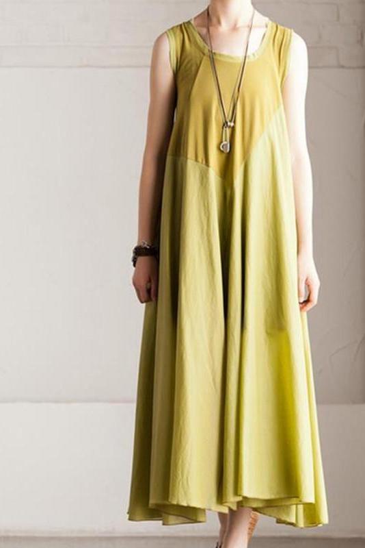 Summer Cotton Patchwork Dress Maxi Loose Long Dress Sleeveless Clothes Dress
