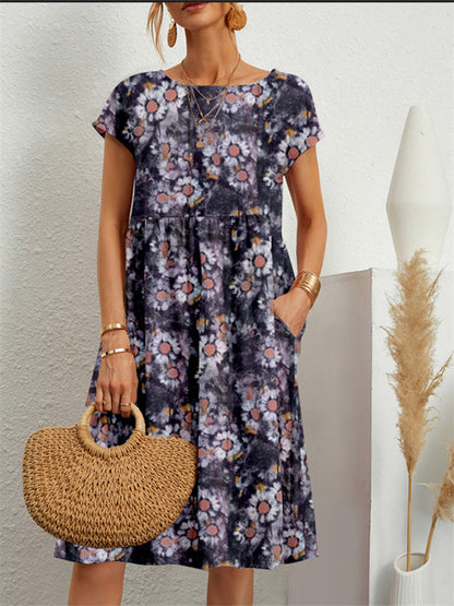 New Loose Cotton and Linen Sleeveless Round Neck Printed A-line Skirt