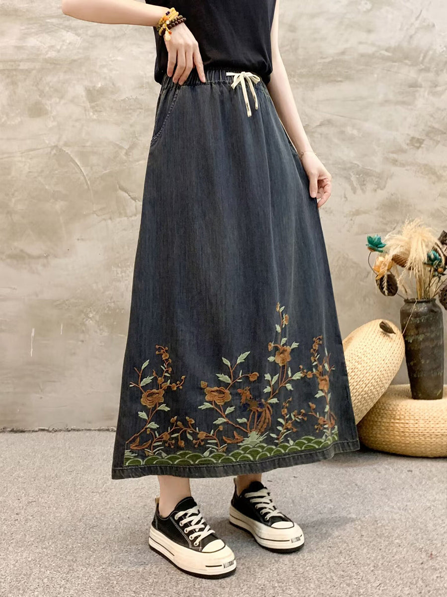 Summer Artsy Flower Embroidert Denim Skirt