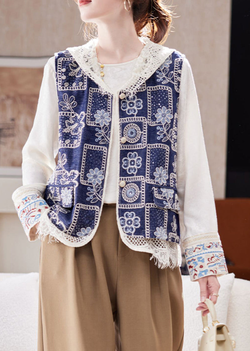 Italian Blue V Neck Print Hollow Out Denim Waistcoat Sleeveless