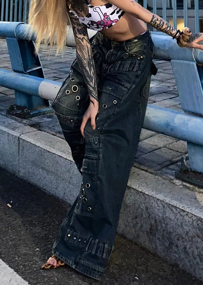 European and American Style Blue Rivet Denim Wide Leg Pants Fall