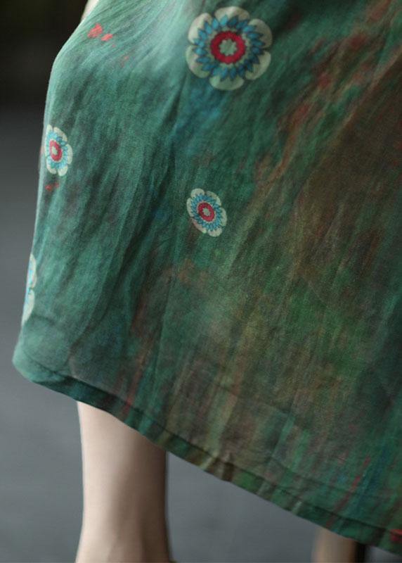 Green Print Ramie Elastic Waist Skirt