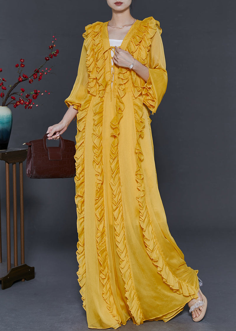 Yellow Ruffled Lace Up Chiffon Full Dresses Fall