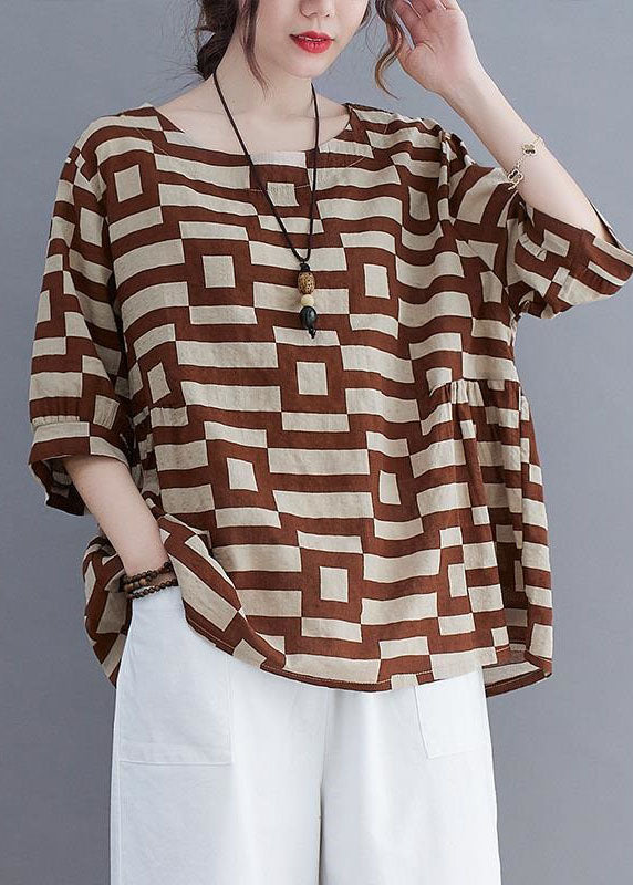 Organic Coffee O-neck Print Patchwork Cotton T Shirt Summer