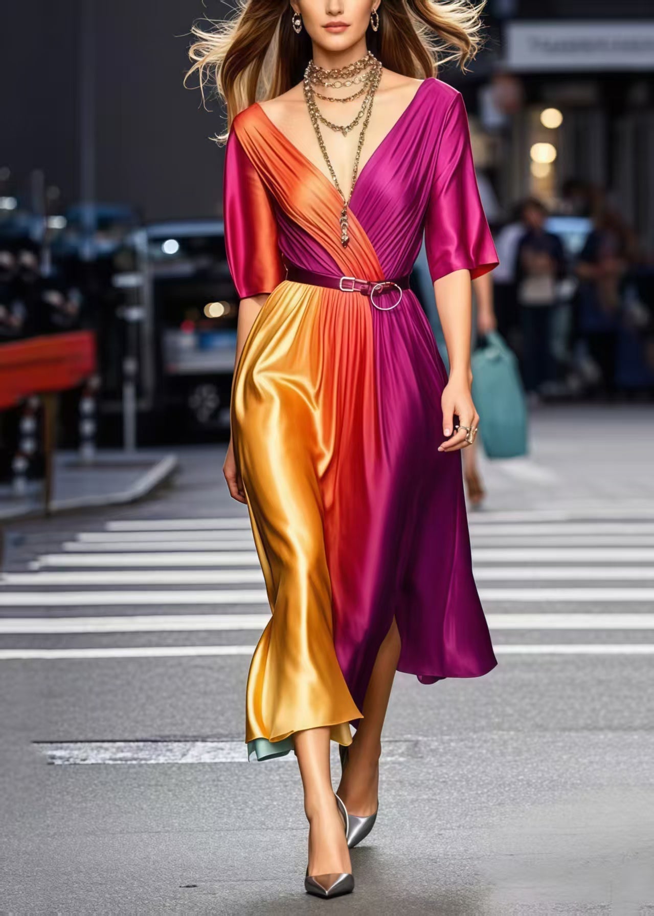 Gradient Color Cinched Tie Dye Silk Dress Summer