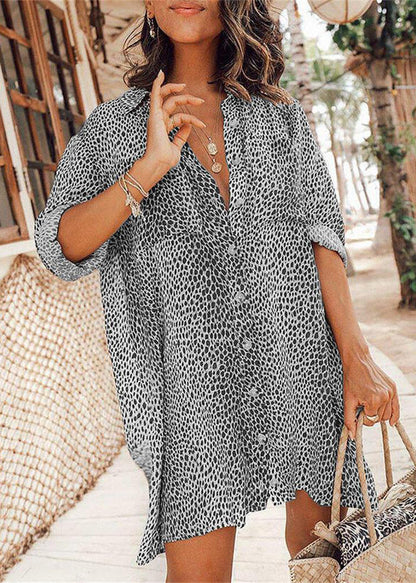 Khaki Peter Pan Collar Leopard Print Cotton Shirts Dresses Long Sleeve