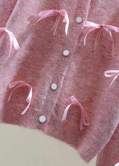 Italian Pink O-neck Zippered Bow Cotton Knit Sweaters Winter