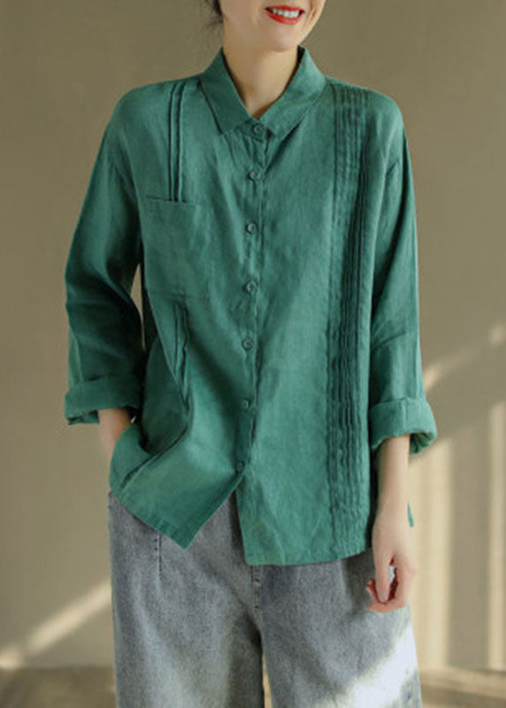 Green Linen Blouse Tops Button Asymmetrical Design Long Sleeve