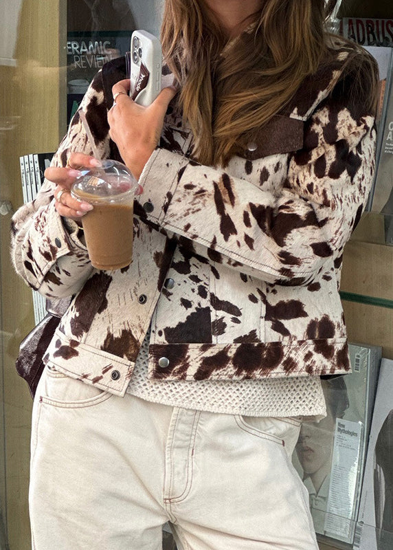 Peter Pan Collar Pockets Print Woolen Short Coat Fall