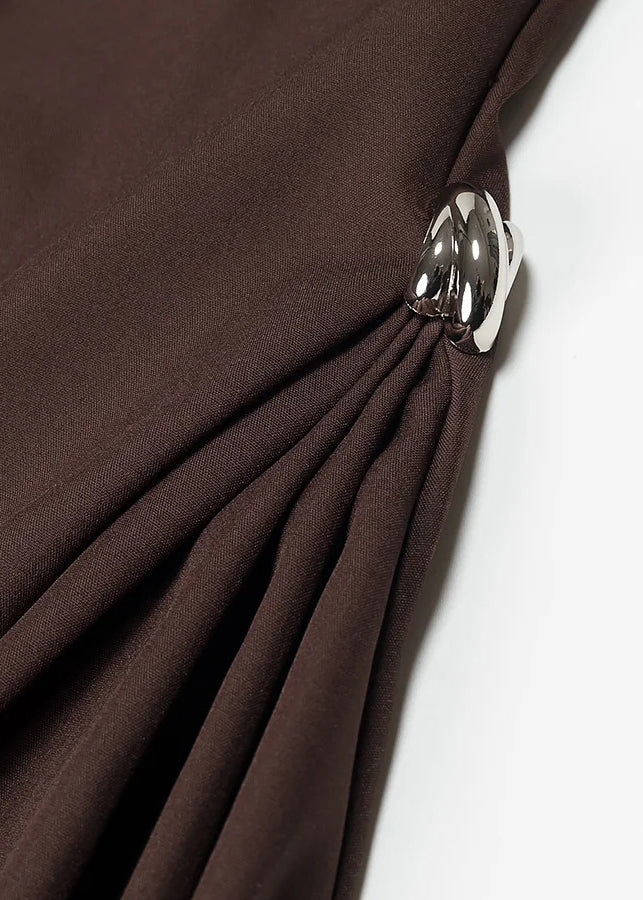 French Coffee Turtleneck High Waist Cotton Long Dress Sleeveless