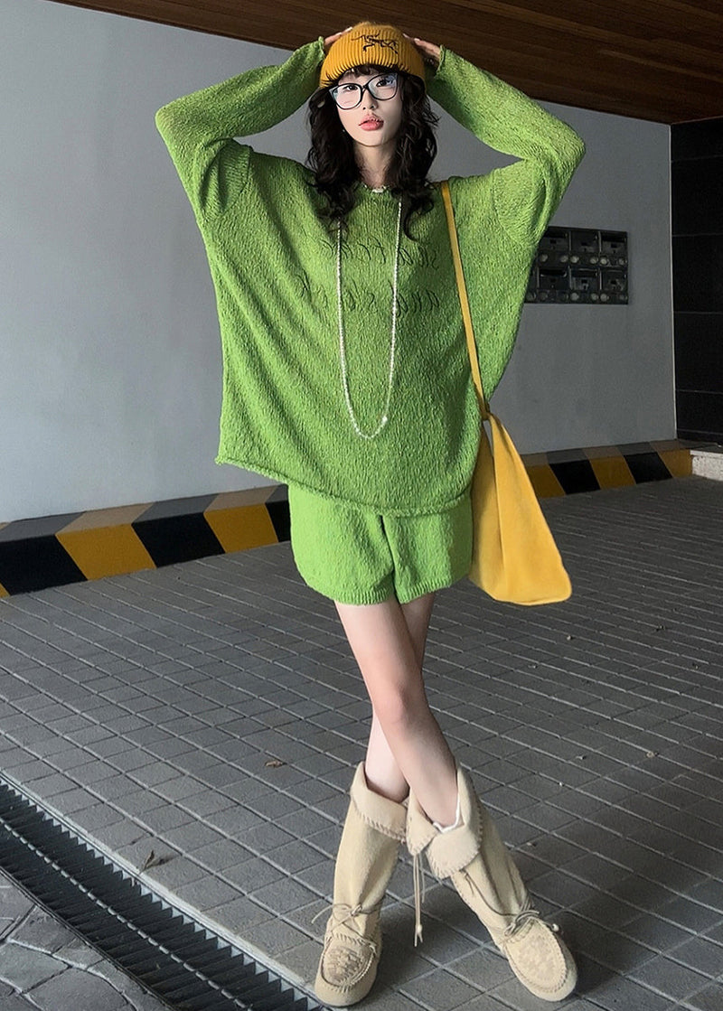 Grass Green Embroidered Letter Knit Two-piece Set Spring