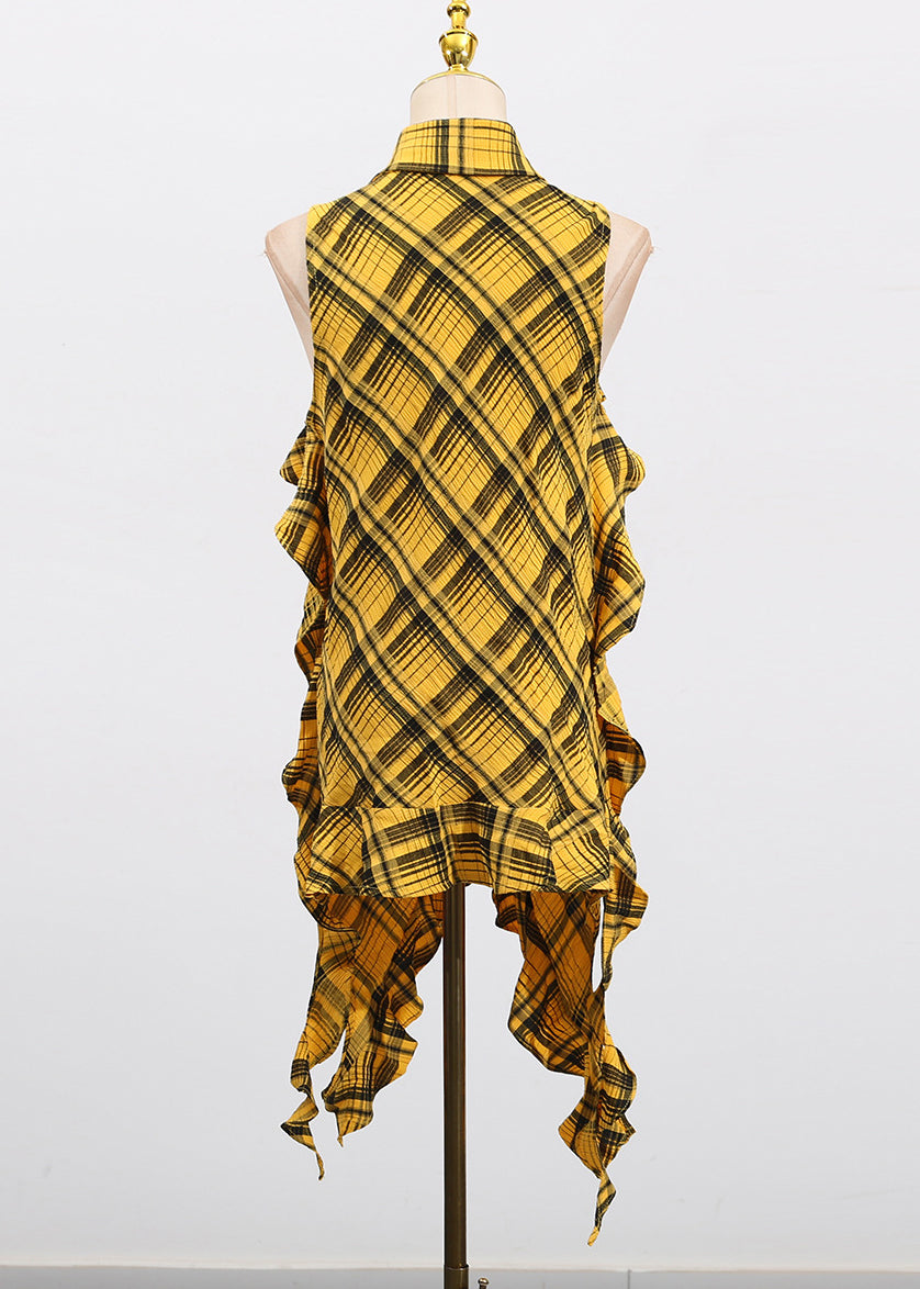 Style Yellow Asymmetrical Ruffled Plaid Cotton Blouse Top Sleeveless