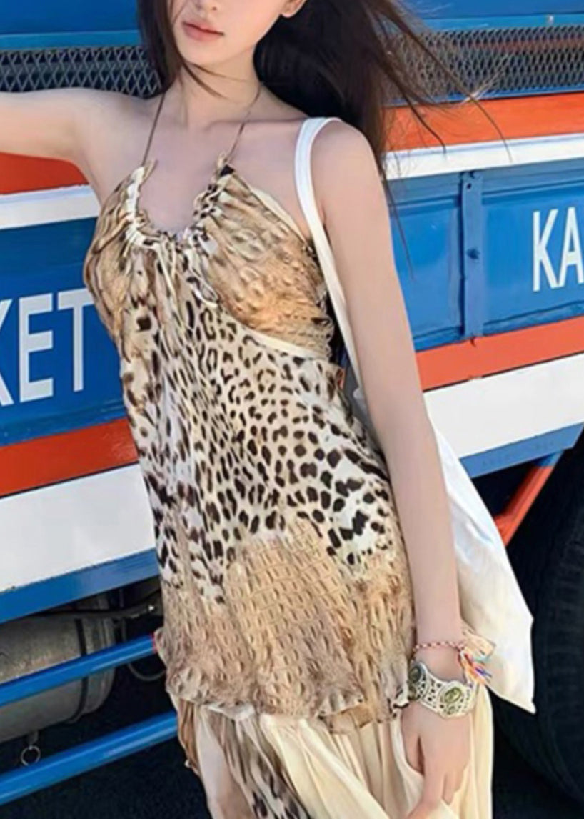 American Leopard Print Backless Suspender Dress Summer