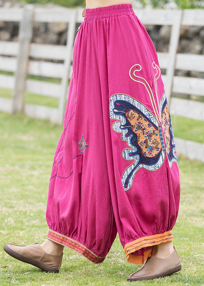 French Rose Embroidered Linen Harem Pants