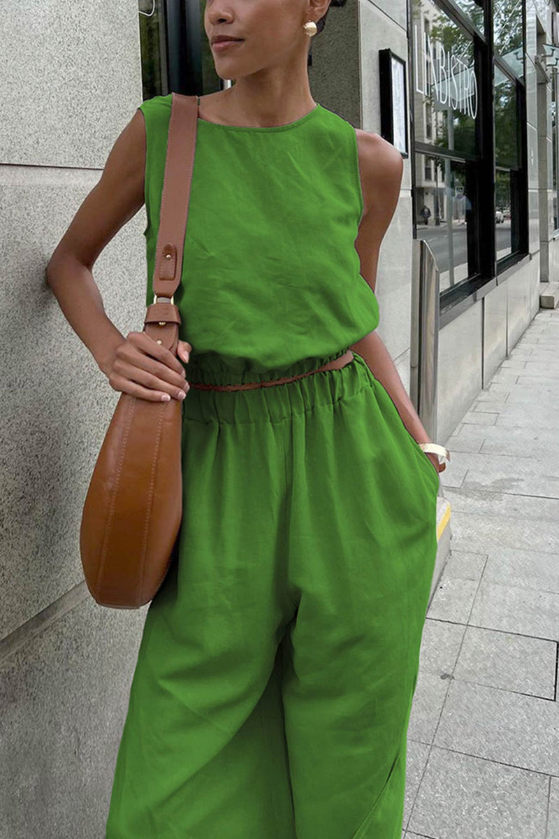 Cotton Linen Tank Top Slit Pants Suits