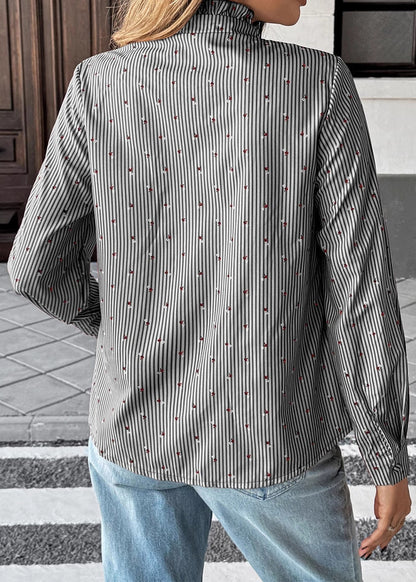Red Ruffled Striped Patchwork Cotton Shirt Top Fall