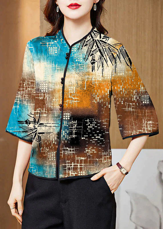 Red Mandarin Collar Print Silk Shirt Tops Half Sleeve