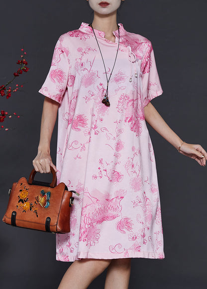 Pink Mandarin Collar Print Silk Dresses Summer