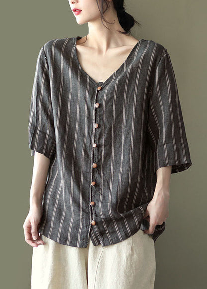 Grey V Neck Striped Button Linen Shirts Half Sleeve