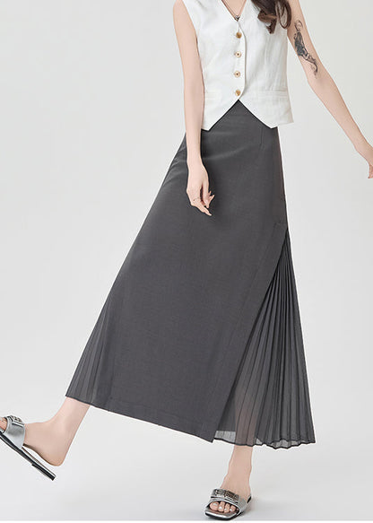Classy Grey Patchwork Wrinkled Chiffon a Line Skirt Fall