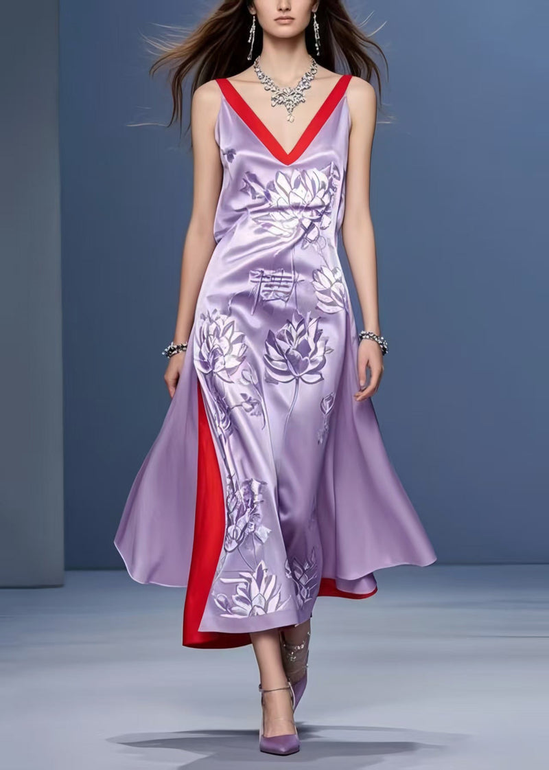 Style Lavender Print Side Open Silk Vacation Dresses Sleeveless