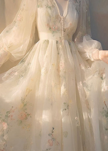 Beige V Neck High Waist Tulle Maxi Dresses Long Sleeve