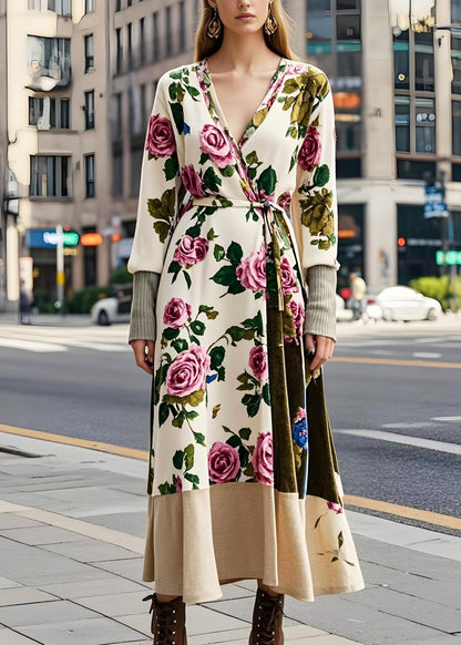 Apricot Tie Waist Silk Velvet Long Dresses Spring
