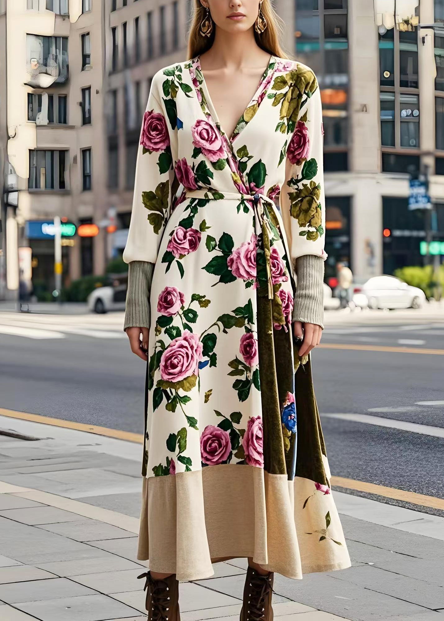 Apricot Tie Waist Silk Velvet Long Dresses Spring