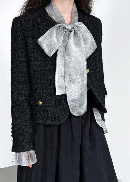 Black O-neck Button Woolen Coat Long Sleeve