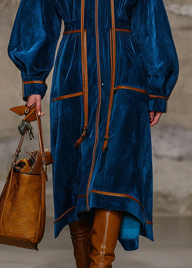 Stylish Blue Hooded Patchwork Velvet Long Coats Fall