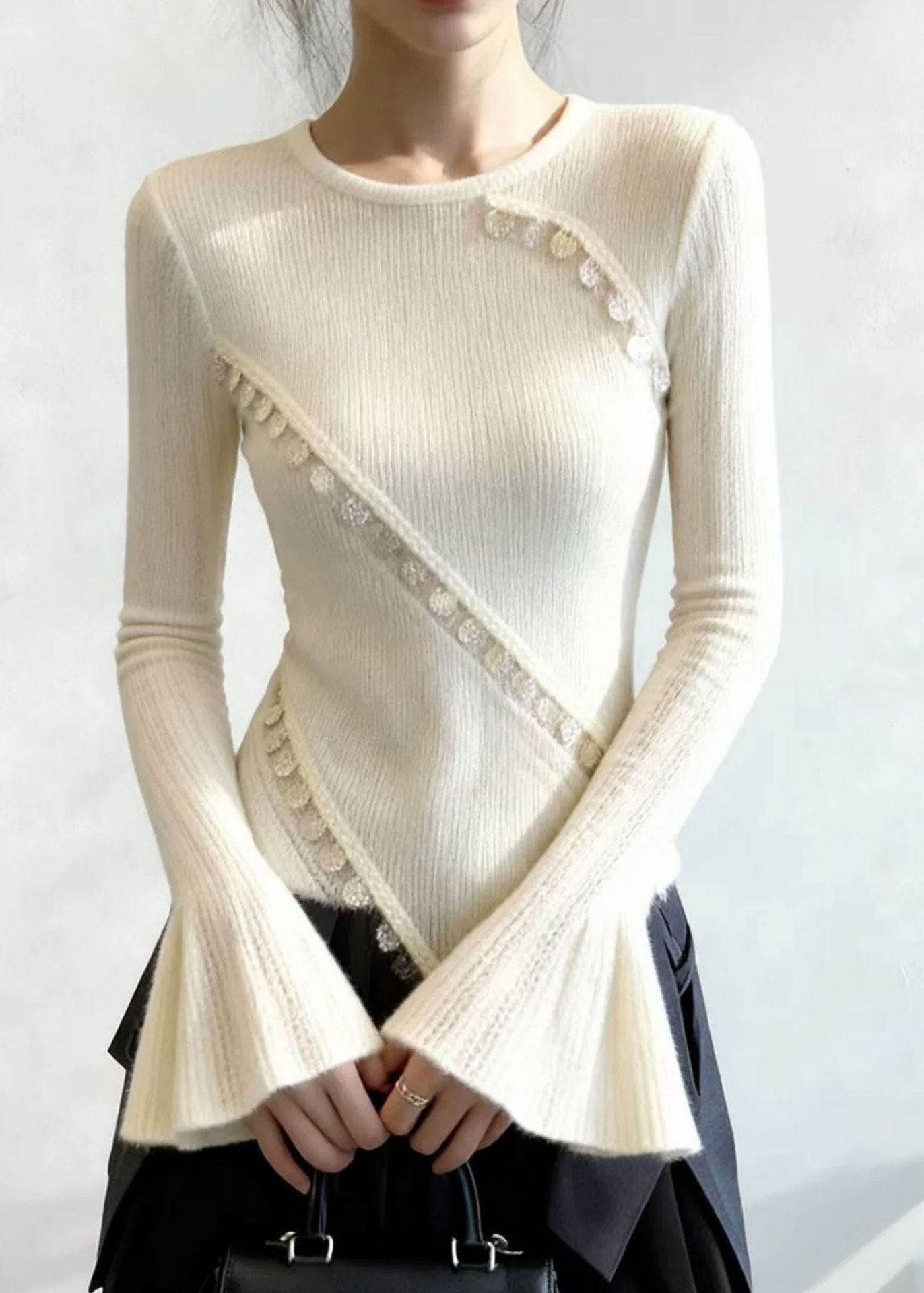 French White O Neck Patchwork Knit Sweater Top Flare Sleeve